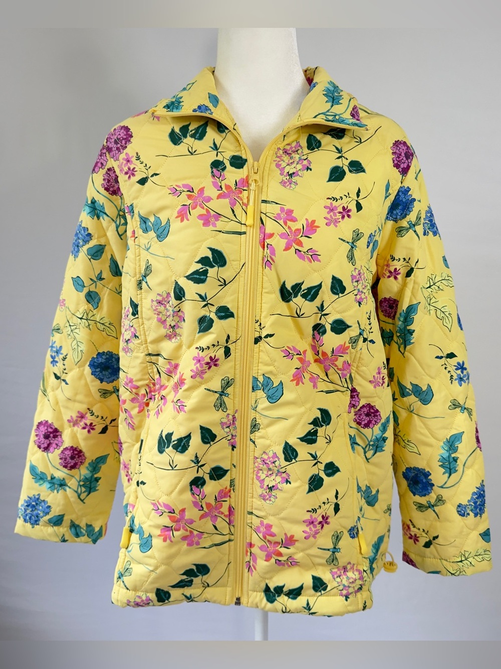Blair Quilted Floral Jacket M Yellow Zip Front Botanical Dragonfly Coat